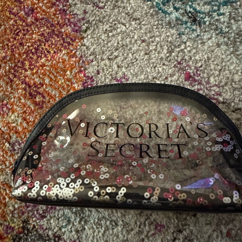 Victoria's Secret Black and Pink Cosmetic Bag with Sparkly Design